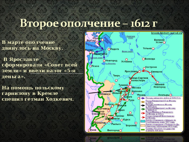В марте ополчение двинулось на Москву.   В Ярославле сформировали «Совет всей земли» и ввели налог «5-я деньга».  На помощь польскому гарнизону в Кремле спешил гетман Ходкевич. 