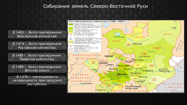 Собирание земель Северо-Восточной Руси В 1463 г. было присоединено Ярославское княжество. В 1474 г. было присоединено Ростовское княжество. В 1485 г. было присоединено Тверское княжество. В 1489 г. была присоединена Вятская земля. В 1478 г. ликвидирована независимость Новгородской республики. 