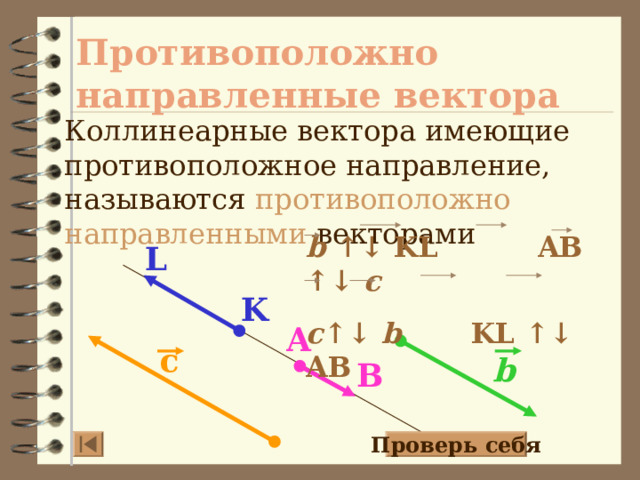 Противоположно направленные вектора Коллинеарные вектора имеющие противоположное направление, называются противоположно направленными векторами b  ↑↓ KL AB ↑↓ c c ↑↓ b KL ↑↓ AB L K A с b B Проверь себя 12 