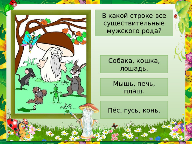 В какой строке все существительные мужского рода? Собака, кошка, лошадь. Мышь, печь, плащ. Пёс, гусь, конь. 