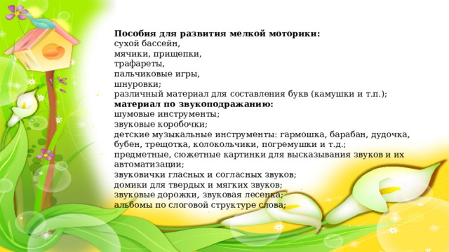 Пособия для развития мелкой моторики:  сухой бассейн, мячики, прищепки, трафареты, пальчиковые игры, шнуровки; различный материал для составления букв (камушки и т.п.); материал по звукоподражанию:  шумовые инструменты; звуковые коробочки; детские музыкальные инструменты: гармошка, барабан, дудочка, бубен, трещотка, колокольчики, погремушки и т.д.; предметные, сюжетные картинки для высказывания звуков и их автоматизации; звуковички гласных и согласных звуков; домики для твердых и мягких звуков; звуковые дорожки, звуковая лесенка; альбомы по слоговой структуре слова; 