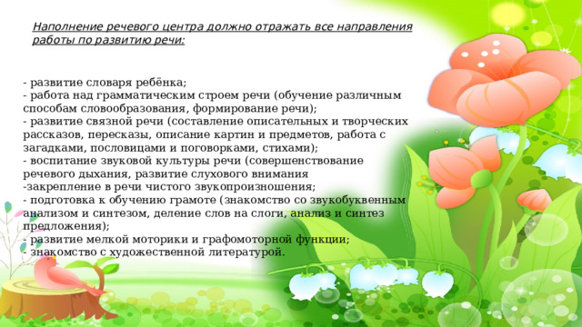 Наполнение речевого центра должно отражать все направления работы по развитию речи: - развитие словаря ребёнка; - работа над грамматическим строем речи (обучение различным способам словообразования, формирование речи); - развитие связной речи (составление описательных и творческих рассказов, пересказы, описание картин и предметов, работа с загадками, пословицами и поговорками, стихами); - воспитание звуковой культуры речи (совершенствование речевого дыхания, развитие слухового внимания -закрепление в речи чистого звукопроизношения; - подготовка к обучению грамоте (знакомство со звукобуквенным анализом и синтезом, деление слов на слоги, анализ и синтез предложения); - развитие мелкой моторики и графомоторной функции; - знакомство с художественной литературой. 