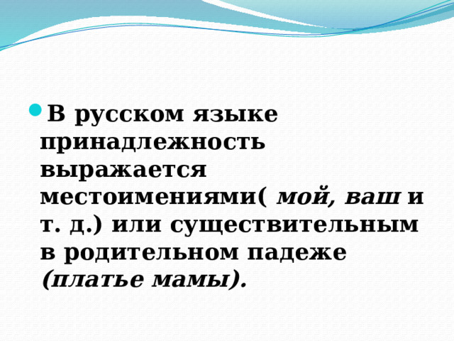 В русском языке принадлежность выражается местоимениями( мой, ваш и т. д.) или существительным в родительном падеже (платье мамы). 