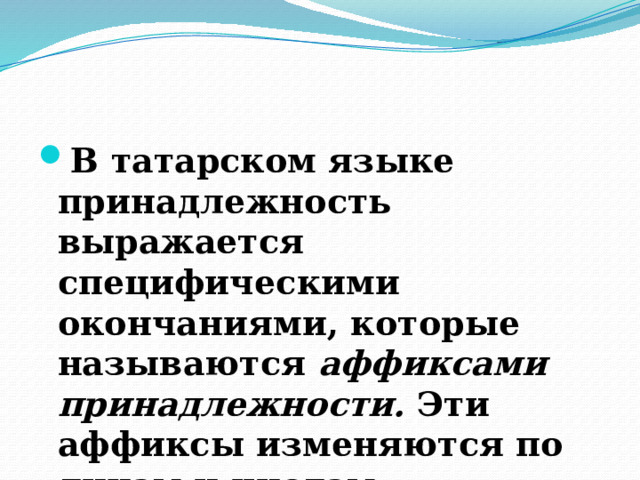 В татарском языке принадлежность выражается специфическими окончаниями, которые называются аффиксами принадлежности. Эти аффиксы изменяются по лицам и числам. 