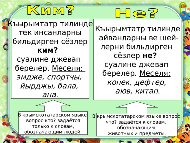 Къырымтатр тилинде  тек инсанларны  бильдирген сёзлер ким? суалине джевап берелер. Меселя: эмдже, спортчы, йырджы, бала, ана . Къырымтатр тилинде  айванларны ве шей- лерни бильдирген сёзлер не?  суалине джевап берелер. Меселя:  копек, дефтер, аюв, китап . В крымскотатарском языке вопрос кто? задаётся  только к словам, обозначающим людей. В крымскотатарском языке вопрос что? задаётся к словам, обозначающим животных и предметы. 