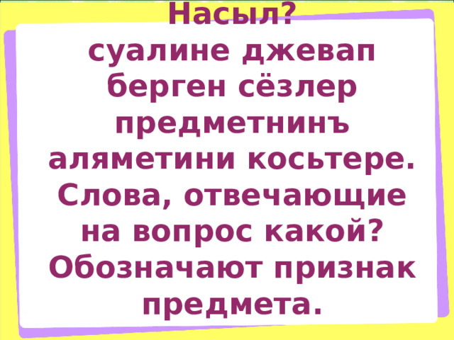 Насыл?  суалине джевап берген сёзлер предметнинъ аляметини косьтере.  Слова, отвечающие на вопрос какой? Обозначают признак предмета. 