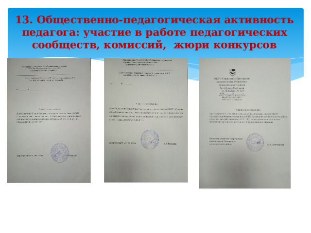 13. Общественно-педагогическая активность педагога: участие в работе педагогических сообществ, комиссий, жюри конкурсов               