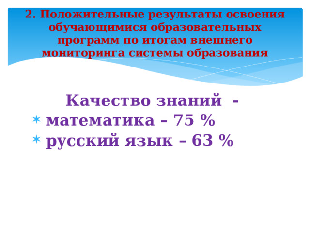 2. Положительные результаты освоения обучающимися образовательных программ по итогам внешнего мониторинга системы образования Качество знаний -  математика – 75 %  русский язык – 63 %     