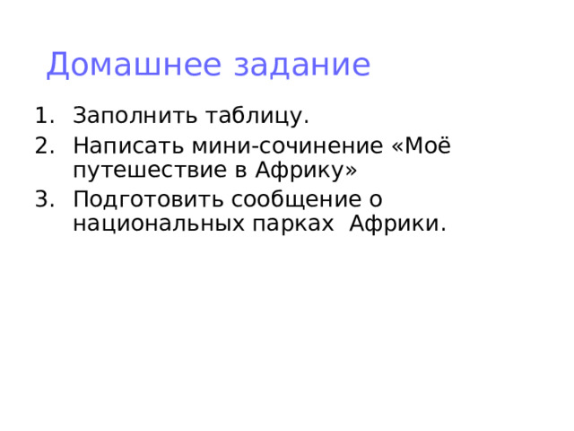 Домашнее задание Заполнить таблицу. Написать мини-сочинение «Моё путешествие в Африку» Подготовить сообщение о национальных парках Африки. 