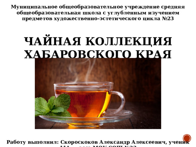 Муниципальное общеобразовательное учреждение средняя общеобразовательная школа с углубленным изучением предметов художественно-эстетического цикла №23  ЧАЙНАЯ КОЛЛЕКЦИЯ ХАБАРОВСКОГО КРАЯ       Работу выполнил: Скороскоков Александр Алексеевич, ученик 11А класса МОУ СОШ №23 