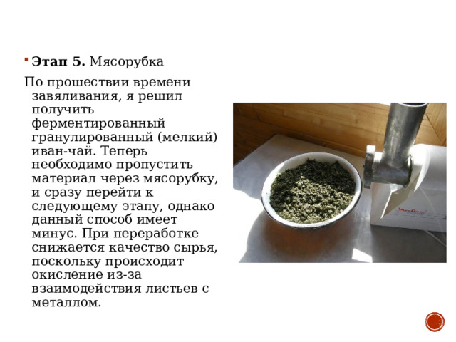 Этап 5 .  Мясорубка По прошествии времени завяливания, я решил получить ферментированный гранулированный (мелкий) иван-чай. Теперь необходимо пропустить материал через мясорубку, и сразу перейти к следующему этапу, однако данный способ имеет минус. При переработке снижается качество сырья, поскольку происходит окисление из-за взаимодействия листьев с металлом. 