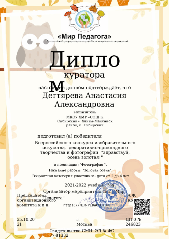 Диплом куратора настоящий  диплом  подтверждает,  что Дегтярева  Анастасия  Александровна воспитатель МКОУ ХМР «СОШ п. Сибирский»  Ханты-Мансийск  район,  п.  Сибирский подготовил  (а)  победителя Всероссийского конкурса изобразительного искусства,  декоративно-прикладного творчества и фотографии  