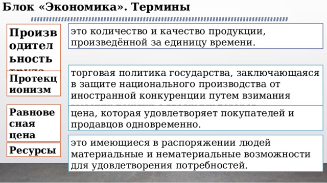 Блок «Экономика». Термины   это количество и качество продукции, произведённой за единицу времени. Производительность труда торговая политика государства, заключающаяся в защите национального производства от иностранной конкуренции путем взимания высоких пошлин с ввозимых товаров. Протекционизм Равновесная цена цена, которая удовлетворяет покупателей и продавцов одновременно. это имеющиеся в распоряжении людей материальные и нематериальные возможности для удовлетворения потребностей. Ресурсы 