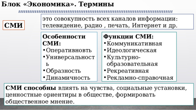 Блок «Экономика». Термины   это совокупность всех каналов информации: телевидение, радио , печать, Интернет и др. СМИ Особенности СМИ: Функции СМИ: Оперативновть Универсальность Образность Динамичность Коммуникативная Идеологическая Культурно-образовательная Рекреативная Рекламно-справочная СМИ способны влиять на чувства, социальные установки, ценностные ориентиры в обществе, формировать общественное мнение. 