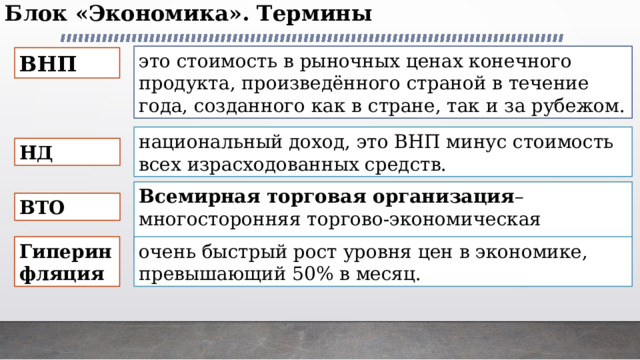 Блок «Экономика». Термины   это стоимость в рыночных ценах конечного продукта, произведённого страной в течение года, созданного как в стране, так и за рубежом. ВНП национальный доход, это ВНП минус стоимость всех израсходованных средств. НД Всемирная торговая организация – многосторонняя торгово-экономическая организация. ВТО Гиперинфляция очень быстрый рост уровня цен в экономике, превышающий 50% в месяц. 