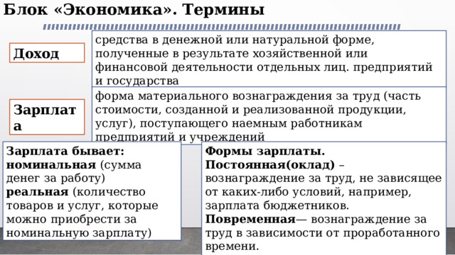 Блок «Экономика». Термины   средства в денежной или натуральной форме, полученные в результате хозяйственной или финансовой деятельности отдельных лиц. предприятий и государства Доход  форма материального воз­награждения за труд (часть стоимости, созданной и реализованной продукции, услуг), поступающего наем­ным работникам предприятий и учреждений Зарплата Зарплата бывает: Формы зарплаты. номинальная (сумма денег за работу) Постоянная(оклад) – вознаграждение за труд, не зависящее от каких-либо условий, например, зарплата бюджетников. реальная (количество товаров и услуг, которые можно приобрести за номинальную зарплату) Повременная — вознаграждение за труд в зави­симости от про­работанного времени. Сдельная — воз­награждение за труд в зависи­мости от коли­чества изготов­ленных изделий 