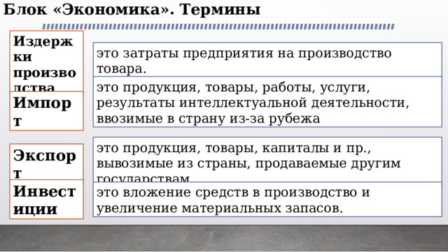 Блок «Экономика». Термины   Издержки производства  это затраты предприятия на производство товара. это продукция, товары, работы, услуги, результаты интеллектуальной деятельности, ввозимые в страну из-за рубежа Импорт это продукция, товары, капиталы и пр., вывозимые из страны, продаваемые другим государствам Экспорт Инвестиции это вложение средств в производство и увеличение материальных запасов. 