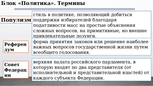 Блок «Политика». Термины   стиль в политике, позволяющий добиться поддержки избирателей благодаря податливости масс на простые объяснения сложных вопросов, на примитивные, но внешне привлекательные лозунги. Популизм форма принятия законов или решение наиболее важных вопросов государственной жизни путем всеобщего голосования. Референдум верхняя палата российского парламента, в которую входят по два представителя (от исполнительной и пред­ставительной властей) от каждого субъекта Федерации. Совет Федерации 