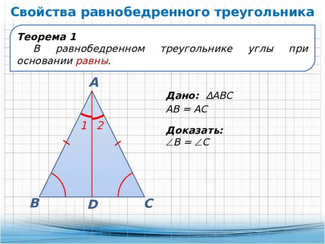 Свойства равнобедренного треугольника Теорема 1 В равнобедренном треугольнике углы при основании равны . А Дано: ∆АВС АВ = АС 1 2 Доказать:  В =  С В С D 