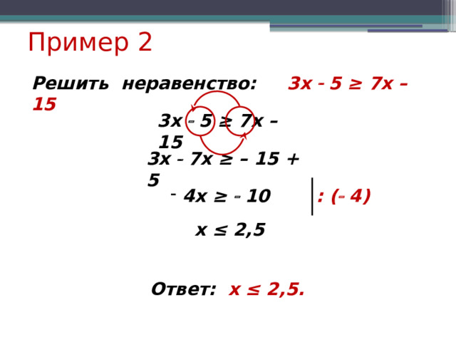 Пример 2 Решить неравенство: 3x  5 ≥ 7х – 15 3x  5 ≥ 7х – 15 3x  7х ≥ – 15 + 5  4x ≥  10 : (  4) x ≤ 2,5 Ответ: х ≤ 2,5. 