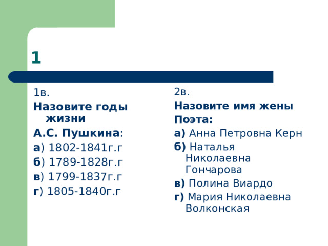 1в. Назовите годы жизни А.С. Пушкина : а ) 1802-1841г.г б ) 1789-1828г.г в ) 1799-1837г.г г ) 1805-1840г.г 2в. Назовите имя жены Поэта: а) Анна Петровна Керн б) Наталья Николаевна Гончарова в) Полина Виардо г) Мария Николаевна Волконская 