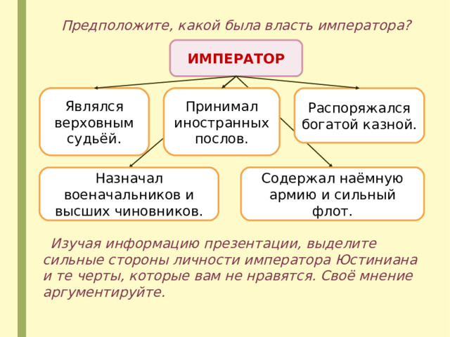 Предположите, какой была власть императора? ИМПЕРАТОР Являлся верховным судьёй. Принимал иностранных послов. Распоряжался богатой казной. Содержал наёмную армию и сильный флот. Назначал военачальников и высших чиновников. Изучая информацию презентации, выделите сильные стороны личности императора Юстиниана и те черты, которые вам не нравятся. Своё мнение аргументируйте. 