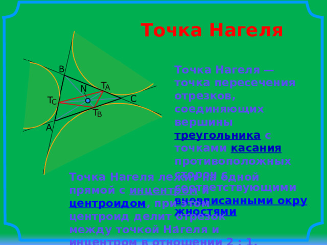 Точка Нагеля Точка Нагеля — точка пересечения отрезков, соединяющих вершины треугольника  с точками касания  противоположных сторон с соответствующими вневписанными окружностями . Точка Нагеля лежит на одной прямой с инцентром и центроидом , при этом центроид делит отрезок между точкой Нагеля и инцентром в отношении 2 : 1. 