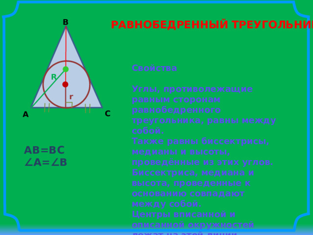 B РАВНОБЕДРЕННЫЙ ТРЕУГОЛЬНИК Свойства   Углы, противолежащие равным сторонам равнобедренного треугольника, равны между собой. Также равны биссектрисы, медианы и высоты, проведённые из этих углов. Биссектриса, медиана и высота, проведенные к основанию совпадают между собой. Центры вписанной и описанной окружностей лежат на этой линии. Углы, противолежащие равным сторонам, всегда острые (следует из их равенства). R r C A AB=BC ∠ A=∠B 