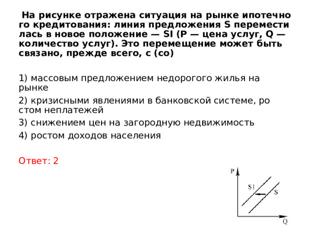  На ри­сун­ке от­ра­же­на си­ту­а­ция на рынке ипо­теч­но­го кредитования: линия пред­ло­же­ния S пе­ре­ме­сти­лась в новое по­ло­же­ние — SI (Р — цена услуг, Q — ко­ли­че­ство услуг). Это пе­ре­ме­ще­ние может быть связано, пре­жде всего, с (со)  1) мас­со­вым пред­ло­же­ни­ем не­до­ро­го­го жилья на рынке 2) кри­зис­ны­ми яв­ле­ни­я­ми в бан­ков­ской системе, ро­стом неплатежей 3) сни­же­ни­ем цен на за­го­род­ную недвижимость 4) ро­стом до­хо­дов населения Ответ: 2 