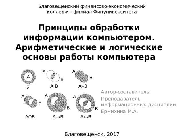 Б лаговещенский финансово-экономический колледж - филиал Финуниверситета Принципы обработки информации компьютером. Арифметические и логические основы работы компьютера Автор-составитель: Преподаватель информационных дисциплин Ермихина М.А. Благовещенск, 2017 