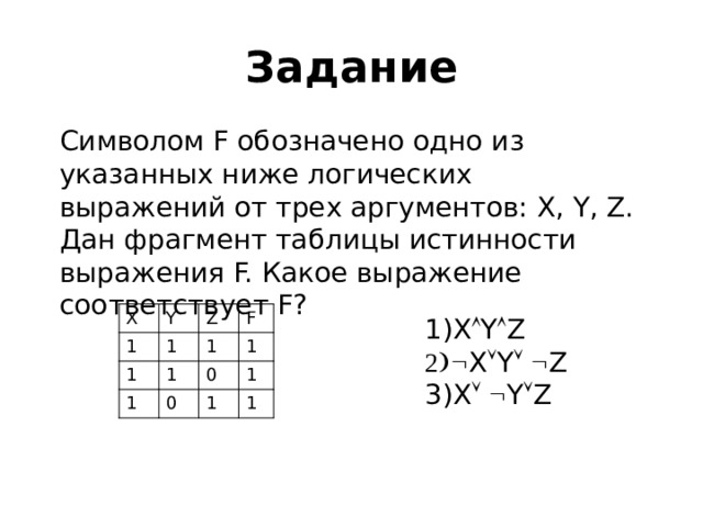 Задание Символом F обозначено одно из указанных ниже логических выражений от трех аргументов: X, Y, Z. Дан фрагмент таблицы истинности выражения F. Какое выражение соответствует F? X Y 1 1 Z 1 1 F 1 1 1 0 0 1 1 1 X  Y  Z  X  Y    Z X    Y  Z 