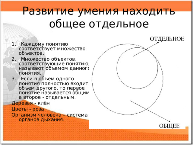 Развитие умения находить общее отдельное 1. Каждому понятию соответствует множество объектов. 2. Множество объектов, соответствующие понятию, называют объемом данного понятия. 3. Если в объем одного понятия полностью входит объем другого, то первое понятие называется общим, а второе - отдельным. Деревья - клён Цветы - роза Организм человека – система органов дыхания. 