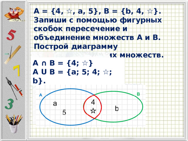 A = {4, ☆, a, 5}, B = {b, 4, ☆}. Запиши с помощью фигурных скобок пересечение и объединение множеств A и B. Построй диаграмму Эйлера−Венна этих множеств. A ∩ B = {4; ☆} A U B = {a; 5; 4; ☆; b}. 