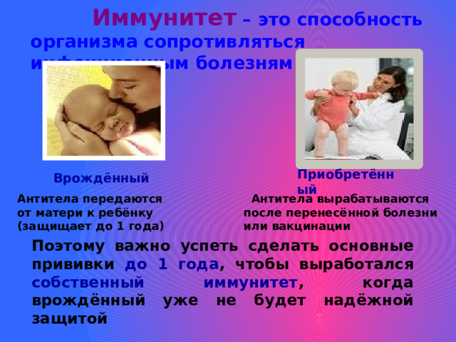   Иммунитет  – это способность организма сопротивляться инфекционным болезням  Приобретённый Врождённый  Антитела вырабатываются после перенесённой болезни или вакцинации Антитела передаются от матери к ребёнку (защищает до 1 года)  Поэтому важно успеть сделать основные прививки до 1 года , чтобы выработался собственный  иммунитет , когда врождённый уже не будет надёжной защитой 