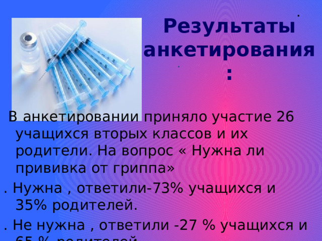 . Результаты анкетирования : .  В анкетировании приняло участие 26 учащихся вторых классов и их родители. На вопрос « Нужна ли прививка от гриппа» . Нужна , ответили-73% учащихся и 35% родителей. . Не нужна , ответили -27 % учащихся и 65 % родителей . Вывод: Большинство детей в отличии от родителей считают , что прививка от гриппа нужна.       