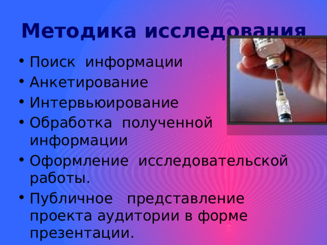 Методика исследования Поиск информации Анкетирование Интервьюирование Обработка полученной информации Оформление исследовательской работы. Публичное представление проекта аудитории в форме презентации. 