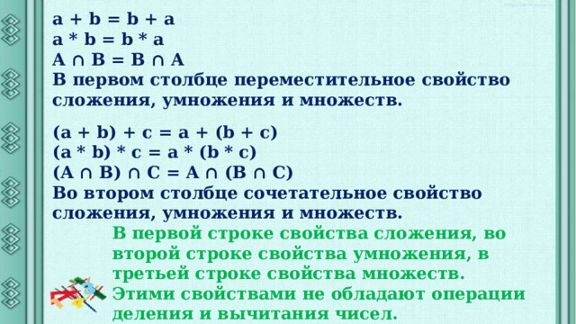 Значение произведения и умножение. Свойства операций сложения и умножения. Свойства операций сложения и умножения событий.