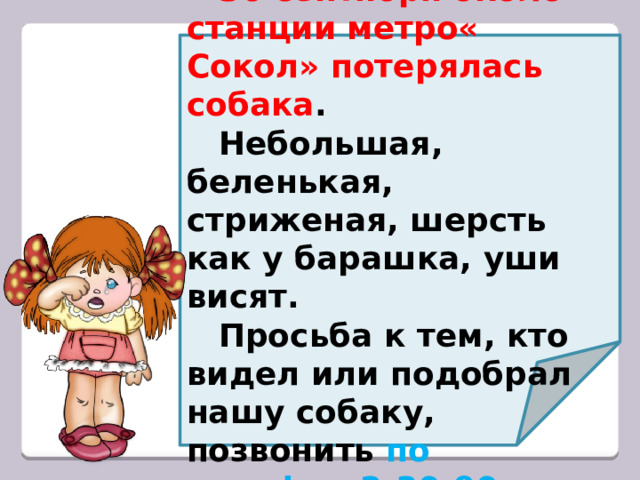   Помогите найти!  30 сентября около станции метро« Сокол» потерялась собака .  Небольшая, беленькая, стриженая, шерсть как у барашка, уши висят.  Просьба к тем, кто видел или подобрал нашу собаку, позвонить по телефон:2-30-90. 