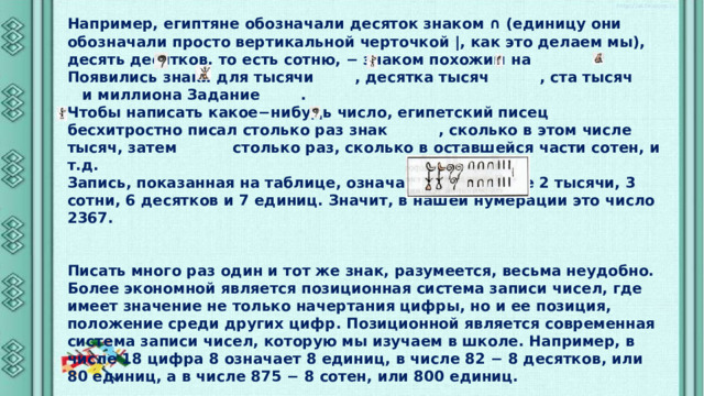 Например, египтяне обозначали десяток знаком ∩ (единицу они обозначали просто вертикальной черточкой |, как это делаем мы), десять десятков, то есть сотню, − знаком похожим на Появились знаки для тысячи , десятка тысяч , ста тысяч и миллиона Задание . Чтобы написать какое−нибудь число, египетский писец бесхитростно писал столько раз знак , сколько в этом числе тысяч, затем столько раз, сколько в оставшейся части сотен, и т.д. Запись, показанная на таблице, означала, что в числе 2 тысячи, 3 сотни, 6 десятков и 7 единиц. Значит, в нашей нумерации это число 2367.   Писать много раз один и тот же знак, разумеется, весьма неудобно. Более экономной является позиционная система записи чисел, где имеет значение не только начертания цифры, но и ее позиция, положение среди других цифр. Позиционной является современная система записи чисел, которую мы изучаем в школе. Например, в числе 18 цифра 8 означает 8 единиц, в числе 82 − 8 десятков, или 80 единиц, а в числе 875 − 8 сотен, или 800 единиц. 