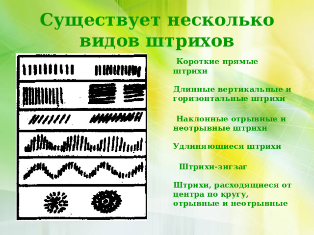 Существует несколько видов штрихов  Короткие прямые штрихи   Длинные вертикальные и горизонтальные штрихи    Наклонные отрывные и неотрывные штрихи   Удлиняющиеся штрихи    Штрихи-зигзаг   Штрихи, расходящиеся от центра по кругу, отрывные и неотрывные  