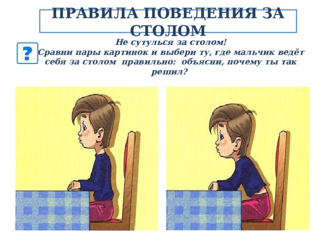ПРАВИЛА ПОВЕДЕНИЯ ЗА СТОЛОМ Не сутулься за столом! Сравни пары картинок и выбери ту, где мальчик ведёт себя за столом правильно: объясни, почему ты так решил? 