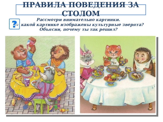  ПРАВИЛА ПОВЕДЕНИЯ ЗА СТОЛОМ   Рассмотри внимательно картинки. На какой картинке изображены культурные зверята? Объясни, почему ты так решил? 