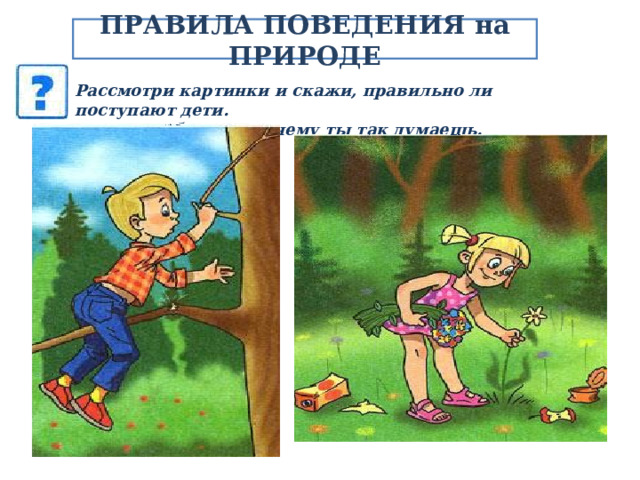 ПРАВИЛА ПОВЕДЕНИЯ на ПРИРОДЕ Рассмотри картинки и скажи, правильно ли поступают дети. Объясни, почему ты так думаешь. 