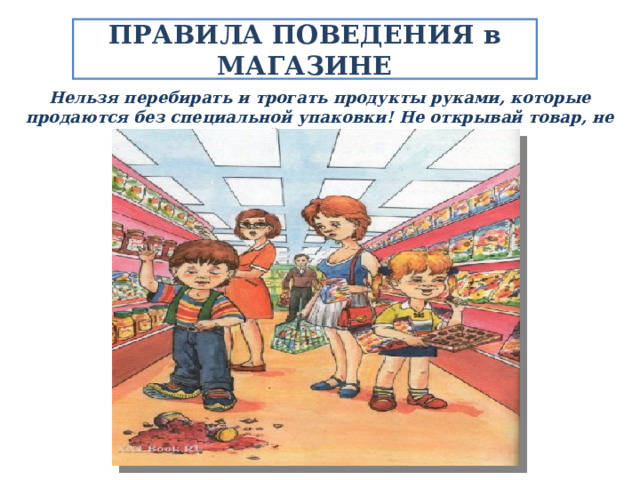 ПРАВИЛА ПОВЕДЕНИЯ в МАГАЗИНЕ Нельзя перебирать и трогать продукты руками, которые продаются без специальной упаковки! Не открывай товар, не дойдя до кассы!  