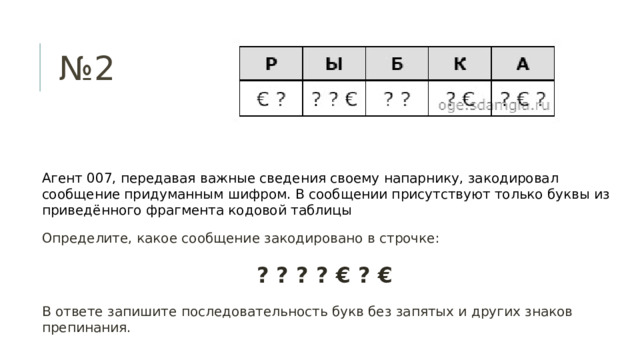 № 2 Агент 007, передавая важные сведения своему напарнику, закодировал сообщение придуманным шифром. В сообщении присутствуют только буквы из приведённого фрагмента кодовой таблицы Определите, какое сообщение закодировано в строчке:  ? ? ? ? € ? € В ответе запишите последовательность букв без запятых и других знаков препинания. 