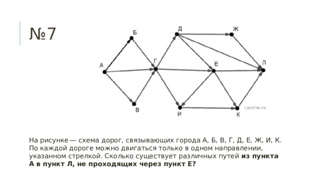 № 7 На рисунке — схема дорог, связывающих города А, Б, В, Г, Д, Е, Ж, И, К. По каждой дороге можно двигаться только в одном направлении, указанном стрелкой. Сколько существует различных путей из пункта А в пункт Л, не проходящих через пункт Е? 