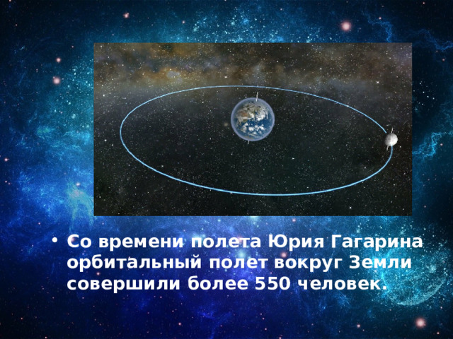 Со времени полета Юрия Гагарина орбитальный полет вокруг Земли совершили более 550 человек. 