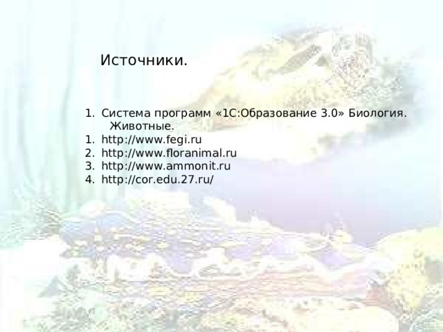 Источники. Система программ «1С:Образование 3.0» Биология.  Животные. http://www.fegi.ru http://www.floranimal.ru http://www.ammonit.ru http://cor.edu.27.ru/ 