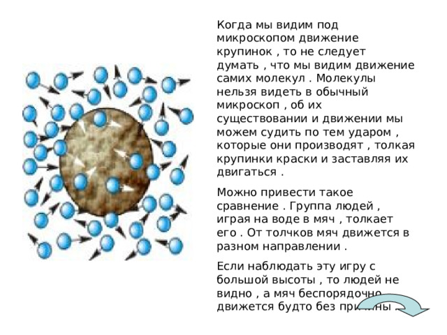 Когда мы видим под микроскопом движение крупинок , то не следует думать , что мы видим движение самих молекул . Молекулы нельзя видеть в обычный микроскоп , об их существовании и движении мы можем судить по тем ударом , которые они производят , толкая крупинки краски и заставляя их двигаться . Можно привести такое сравнение . Группа людей , играя на воде в мяч , толкает его . От толчков мяч движется в разном направлении . Если наблюдать эту игру с большой высоты , то людей не видно , а мяч беспорядочно движется будто без причины . 