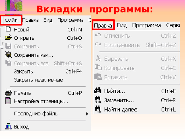 Вкладки программы: 
